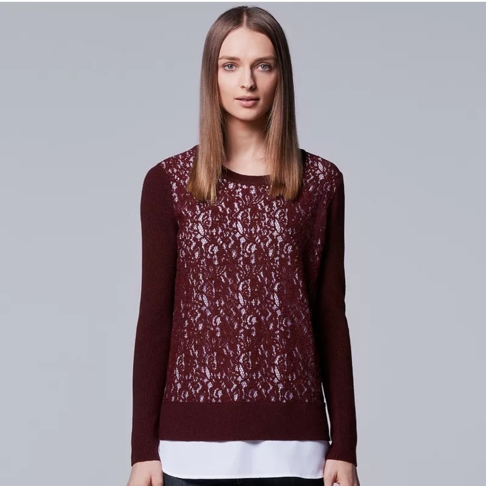Simply Vera Vera Wang Mock Layer Lace Sweater Small Rhubard comfy Women Classy